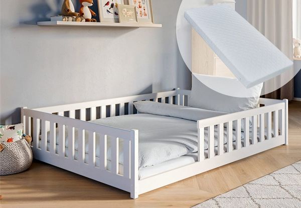Kids Collective Kinderbett Bodenbett Bett mit Rausfallschutz & Lattenrost Montessori Bett Kinder (Jungen, Mädchen, Kinder, weitere Größen 80x160, 90x200, 140x200 cm), Gitterbett Jugendbett weiß mit Matratze Junge Mädchen 140x200cm