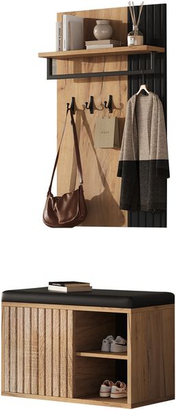 Merax Schuhbank, Flurmöbel,Schuhschrank mit 2 Türen, mit Rückwand mit 3 Haken, Schwarz und naturfarben Bild 10