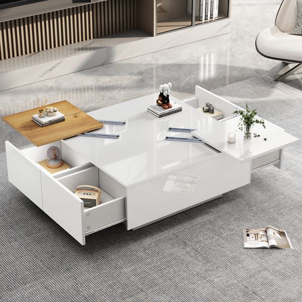 Couchtisch mit Hochglanz-Oberfläche & 4 Schubladen, 75x75x33,5 cm, weiß