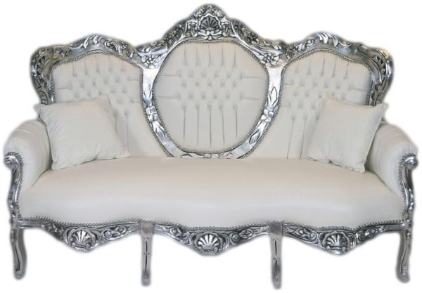 Casa Padrino Barock 3er Sofa King Weiß Lederoptik / Silber - Wohnzimmer Couch Möbel Lounge