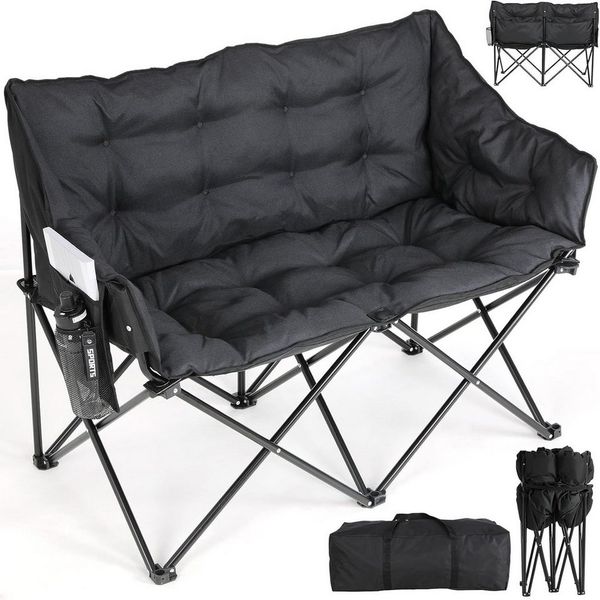 TLGREEN Campingstuhl Doppel Campingstuhl Klappbar 320KG Belastbar (Gepolstert XXL Outdoor Klappstuhl mit Seitentaschen & Rückentasche), Campingsofa 2 Personen für Garten, Angeln, Camping, Strand