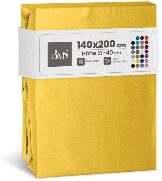 Bettwaesche-mit-Stil Mako-Satin Spannbettlaken gelb 140x200cm Höhe 31-40cm