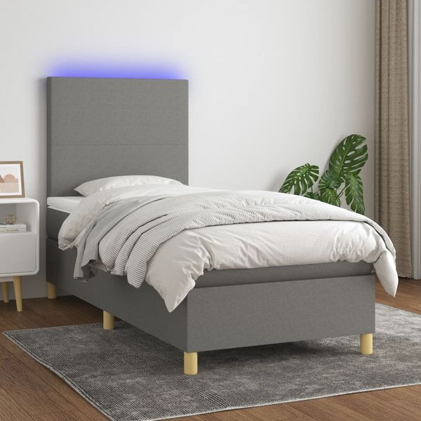 vidaXL Boxspringbett mit Matratze & LED Dunkelgrau 90x190 cm Stoff, Härtegrad: H2 [3135238]