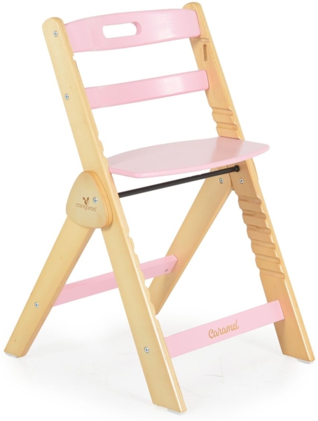 Cangarro Kinderhochstuhl Caramel Holz, Kissen, klappbar, Fußstütze, 3-Punkt-Gurt rosa Bild 2