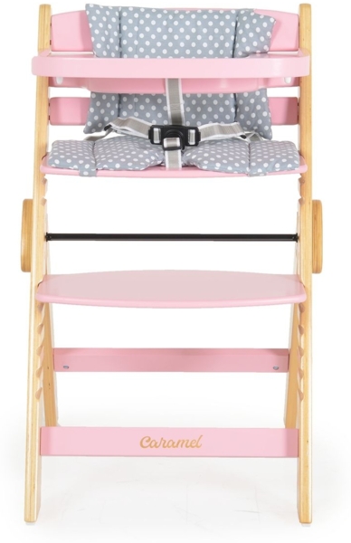 Cangarro Kinderhochstuhl Caramel Holz, Kissen, klappbar, Fußstütze, 3-Punkt-Gurt rosa Bild 4