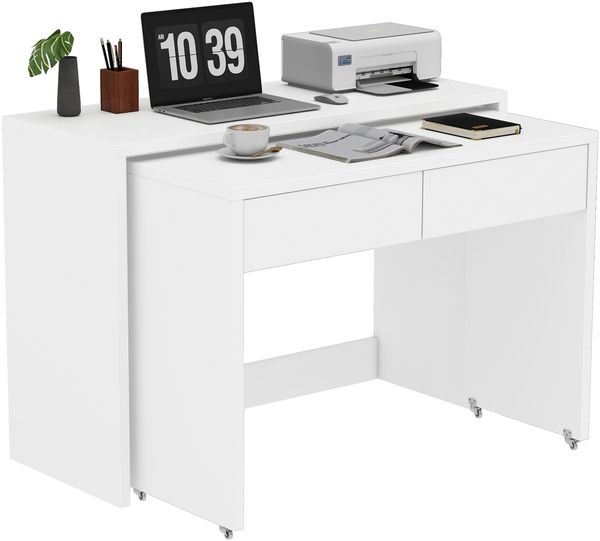 Flieks 2-in-1 Schreibtisch mit Kommode, ausziehbarer Computertisch auf Rollen, Multifunktionstisch mit 2 Schubladen, 110×40×78 cm, Weiß