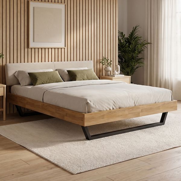 skølm 'Alver' Bett 180x200 cm mit Kopfteil Cord, beige, Massivholzbett natur geölt mit Metallkufen, Doppelbett mit Bettkopf