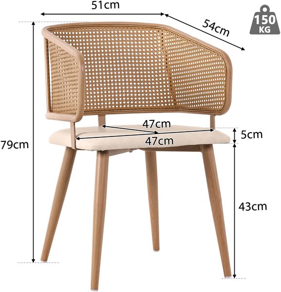 Esszimmerstuhl mit Rattan-Rückenlehne & PU-Ledersitz, 47x51x79 cm, Beige/Braun Bild 2