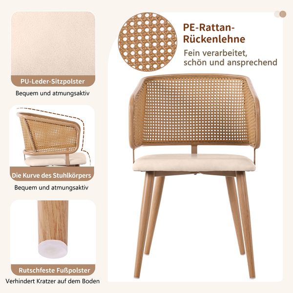 Esszimmerstuhl mit Rattan-Rückenlehne & PU-Ledersitz, 47x51x79 cm, Beige/Braun Bild 9