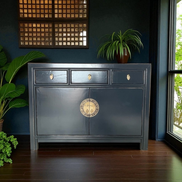 Vintage Kommode Blau Mitternachtsblau Messingkreis chinesisch Schrank Sideboard Kolonial-Stil Antik-Stil Lowboard asiatisch orientalisch Fernost shabby-chic Landhaus