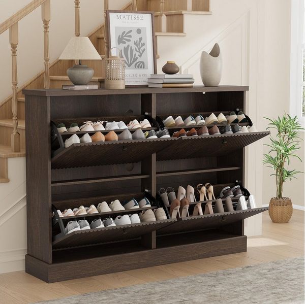 GarveeMore Schuhschrank Moderner Rillenprofil mit 4 Klappschubladen verstellbare Einlegeböden (1-St) 120 x 25 x 90 cm Versteckter Schuhstauraum Schuhregal für 18–24 Paar Schuhe