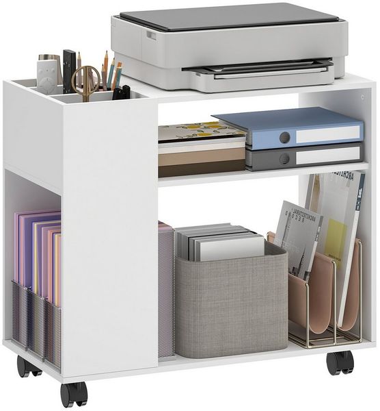 HOMCOM Aktenschrank Druckerständer mit Unterteiltem Fach, Ablageflächen, Rollen (Druckertisch, 1-St, Schreibtisch Organizer) Mit Rollen und großem Stauraum