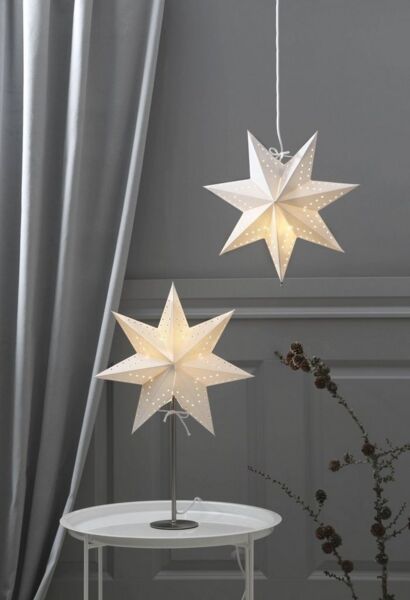 Tischlampe Weihnachtsstern Bobo von Star Trading, 3D Papierstern Weihnachten in Weiß mit Metall-Fuß, Dekostern Tischleuchte mit Kabelschalter, E14, Höhe: 51cm