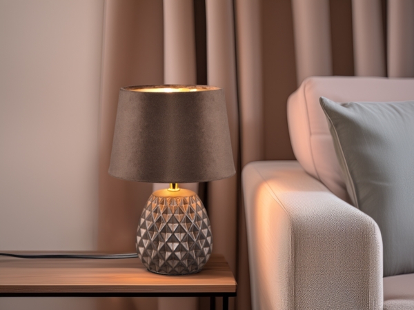 Retro Tischleuchte ARIANA mit Samtschirm in Braun Gold, Höhe 27cm