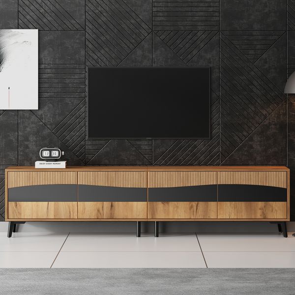 TV-Schrank 180x40x50 cm in Naturholzfarbe mit 4 Türen und schwarzem Linien-Design