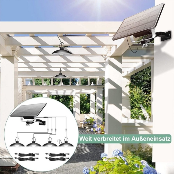 Rosnek LED Solarleuchte 1/2/3/4 Kopf, Solar-Pendelleuchten, für Shop Hof Garage Veranda, Weiß, 1 Solarmodul mit 3 Lampen, Tageslichtweiß, IP65 wasserdicht, LED-Schuppen-Leuchten Bild 2