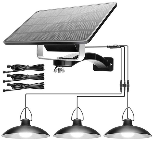 Rosnek LED Solarleuchte 1/2/3/4 Kopf, Solar-Pendelleuchten, für Shop Hof Garage Veranda, Weiß, 1 Solarmodul mit 3 Lampen, Tageslichtweiß, IP65 wasserdicht, LED-Schuppen-Leuchten Bild 4
