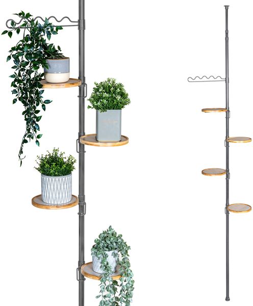 eleskop-Blumenregal mit 4 Bambusablagen, Blumentreppe höhenverstellbar von 140 bis 290 cm, grau