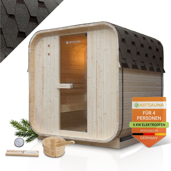 Artsauna Fasssauna Nolvik L, Outdoor-Sauna aus Fichtenholz, 6 kW Ofen, LED, Komplettset mit Sanduhr, Eimer & Thermometer, winterfest, Cube Design