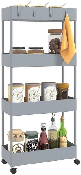 HOMCOM Küchenwagen mit 4 Ebenen, Rollen, Bremsen, (Aufbewahrungsregal, 1 St, Rollwagen), für Küche, Wohnzimmer, Kunststoff, Grau, 40 x 19 x 90 cm