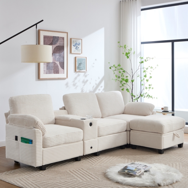 Großes Cord Sofa mit Mittelkonsole, USB-C & Stauhocker, 266×136×82 cm, Beige