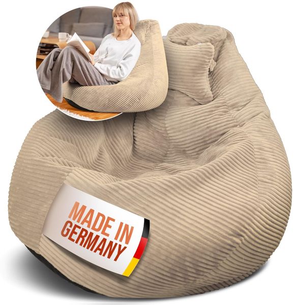LazyCloud Sitzsack für Erwachsene mit integrierter [Nackenstütze] Cord | XXL Indoor Bean Bag mit Füllung | perfekt als Chill-, Lese- oder Gaming Sessel (90 x 80 x 70 cm) (Sandbeige)