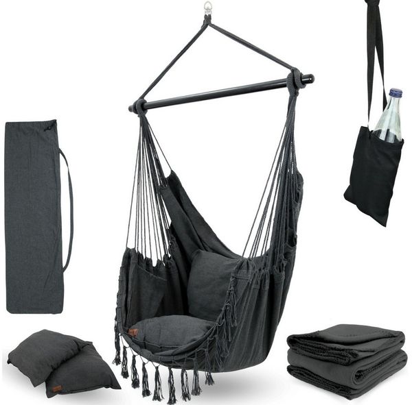 deluxe4home Hängesessel Hängeschaukel, Deckenschaukel Indoor & Outdoor I, inkl. Kissen, Kuscheldecke & Getränkehalter