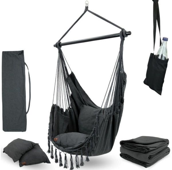 deluxe4home Hängesessel Hängeschaukel, Deckenschaukel Indoor & Outdoor I, inkl. Kissen, Kuscheldecke & Getränkehalter