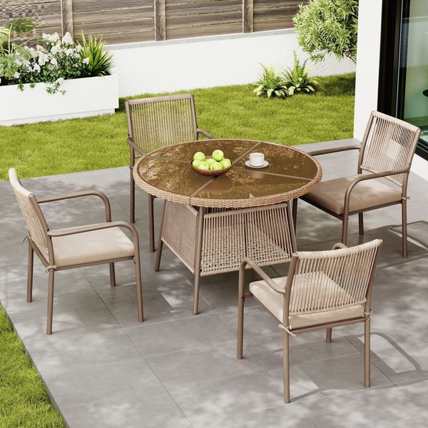 Gartenlounge-Set mit rundem Glastisch und 4 Stühlen, 5-teilig, Loungeset, Essgruppe für Garten