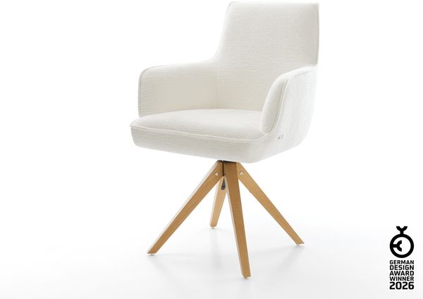 Drehstuhl Heira-Flex mit Armlehnen Bouclé Soft Beige Holzgestell kantig Natur 180° drehbar Taschenfederkern