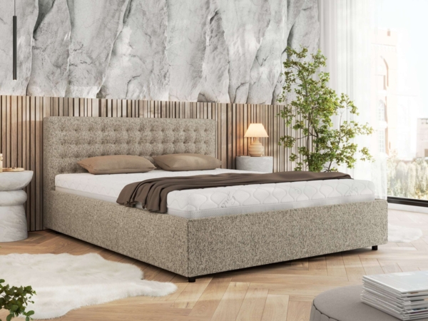 Polsterbett mit Holzlattenrost Doppelbett PAVO CLASSIC, hohe Kopfteil, Bettkasten mit Gasdruckfeder Multipocket Matratze - 180x200 cm - Dunkelbeige Strukture - ELORI LUX