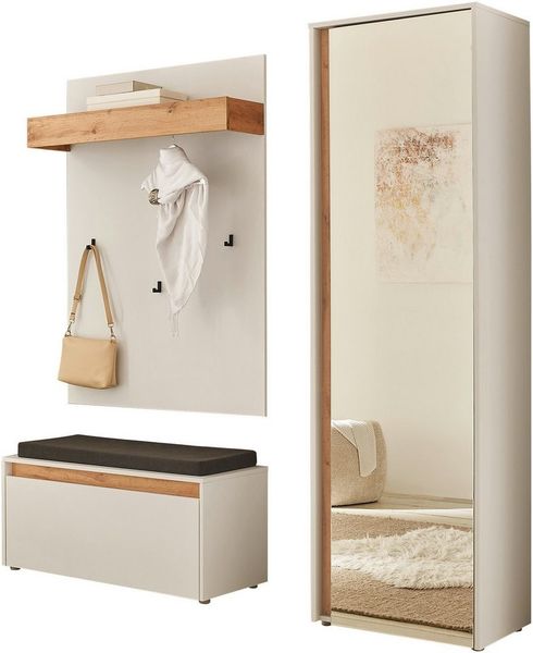 INOSIGN Garderoben-Set GIRON/ CiTY, Garderobe in Wotan Eiche, moderner Garderobenschrank, (Komplett-Set, 3-St), enthält Garderobenschrank, Paneel, Schuhbank inkl. Sitzkissen