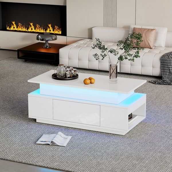 Merax Couchtisch höhenverstellbar Sofatisch Beistelltisch mit LED-Beleuchtung (1-St, Kaffeetisch 96x45x40cm), Lift-Top Wohnzimmertisch mit Schublade,Stauraum & Hochglanz-Oberfläche