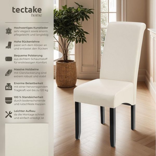tectake Esszimmerstuhl Küchenstuhl gepolstert mit Kunstlederbezug, 44 x 63 x 106 cm (Wohnzimmerstuhl in creme, 4 St), hohe Rückenlehne, massive Holzbeine, bodenschonende Kunststoffkappen