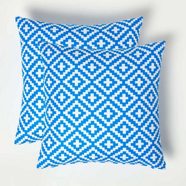 Homescapes Dekokissen Gartenkissen Zoe geometrisch gemustert 2er-Set Outdoor Kissen blau