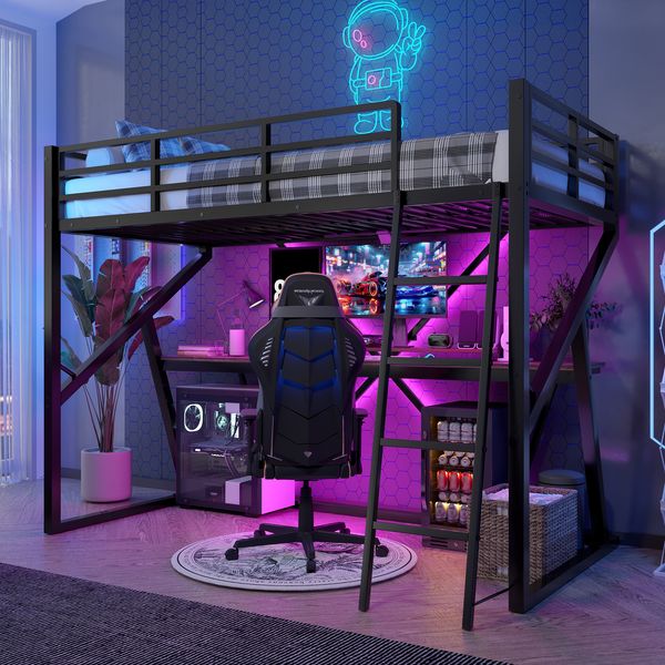Hochbett, 90 x 200cm, Eisenrahmen, LED-Leiste, Geländer, Treppe, Schreibtisch, ohne Matratze, schwarz