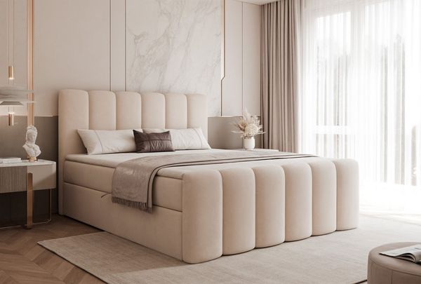Goldstoff Boxspringbett Elegantes Bett "ETERNA" mit Stauraum & hohem Schlafkomfort (120–200x200 cm, Seitenhöhe: 54 cm), Modernes Polsterbett mit Stauraum & komfortabler Liegehöhe