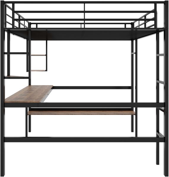 Hochbett 140×200 cm mit Rausfallschutz, Schreibtisch und Regalen, Metall/MDF, Schwarz, ohne Matratze Bild 10