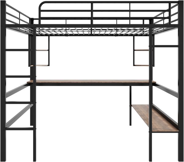 Hochbett 140×200 cm mit Rausfallschutz, Schreibtisch und Regalen, Metall/MDF, Schwarz, ohne Matratze Bild 4