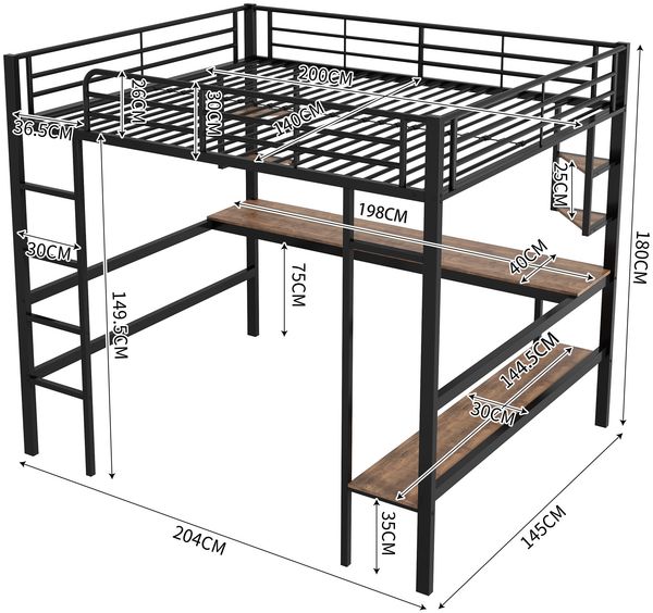 Hochbett 140×200 cm mit Rausfallschutz, Schreibtisch und Regalen, Metall/MDF, Schwarz, ohne Matratze Bild 5