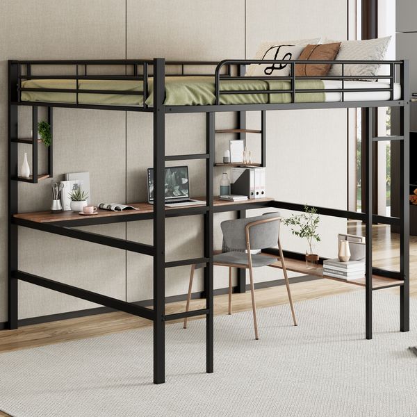 Hochbett 140×200 cm mit Rausfallschutz, Schreibtisch und Regalen, Metall/MDF, Schwarz, ohne Matratze