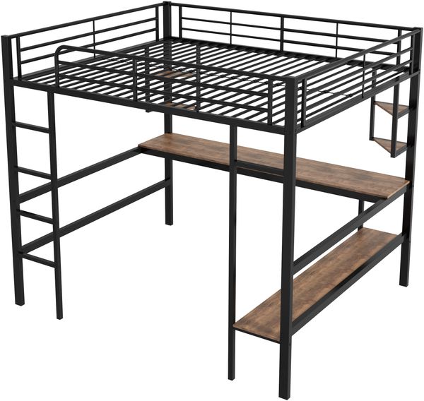 Hochbett 140×200 cm mit Rausfallschutz, Schreibtisch und Regalen, Metall/MDF, Schwarz, ohne Matratze Bild 8
