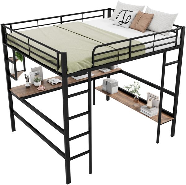 Hochbett 140×200 cm mit Rausfallschutz, Schreibtisch und Regalen, Metall/MDF, Schwarz, ohne Matratze Bild 7