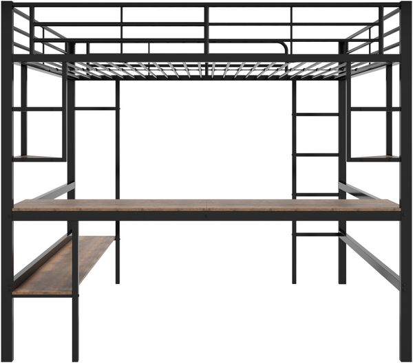 Hochbett 140×200 cm mit Rausfallschutz, Schreibtisch und Regalen, Metall/MDF, Schwarz, ohne Matratze Bild 9