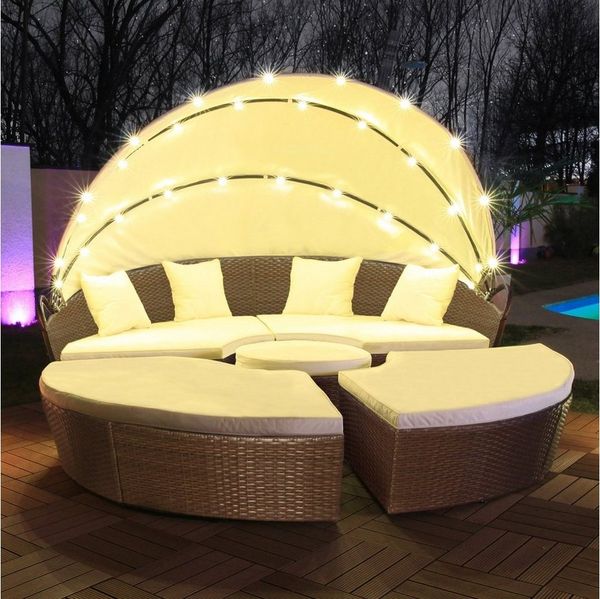 Swing&Harmonie Gartenlounge-Set LED - Sonneninsel Rattan Lounge Polyrattan Sitzgruppe, (Liege Insel), inkl. Abdeckcover