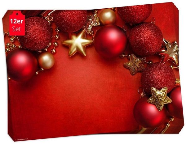 Tischsetmacher Platzset Tischsets I Platzsets - Weihnachten - Rote Kugeln rechts oben, (aus Naturpapier in Aufbewahrungsmappe, 12-St, 44x32 cm / rot), Made in Germany