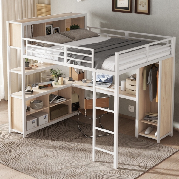Merax Eisenbett, Hochbett 140x200cm, Doppelstöckiger Stauraum unter dem Schreibtisch, Oberes Bett mit Stauraum, Mit Kleiderschrank, Weiß+Natur