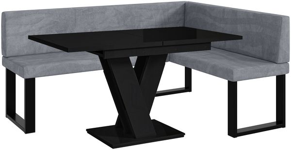 MEBLINI Eckbank für Esszimmer mit ausziehbarem Tisch - Küchenbank - Essecke - Sitzecke Küche - TONI - U-Beine 128x168x87cm Rechts - Grau Samt/M Schwarz Hochgl.