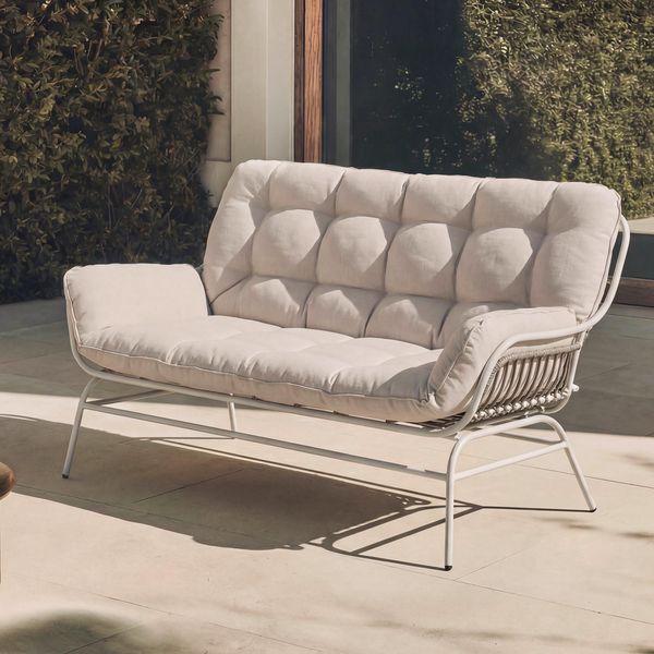 2er-Sofa HWC-P75, Gartensofa Gartenbank Couch 2-Sitzer, Stoff 220g/m² Poly-Rattan Metall ~ hellgrau, Polster beige