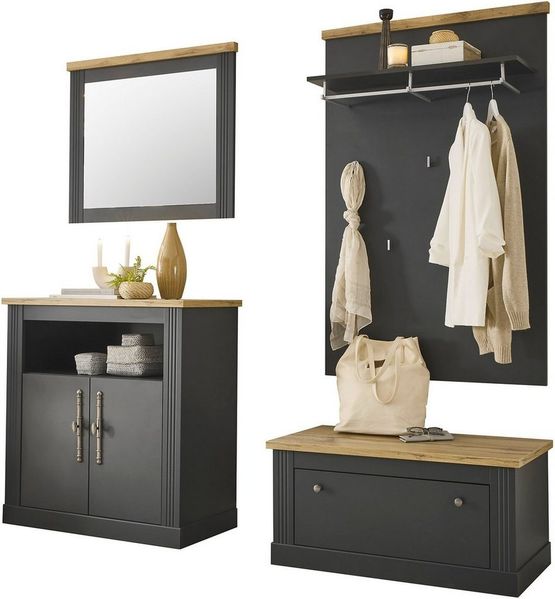 OTTO home Garderoben-Set Westminster, (4-St, Schuhbank, Spiegel, Kommode, Wandpaneel), im romantischen Landhausstil